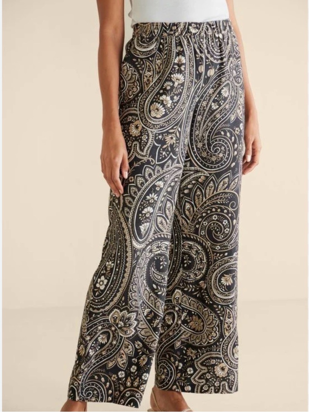 Soft Surroundings Black and Cream Paisley Linen Wide Leg Pants